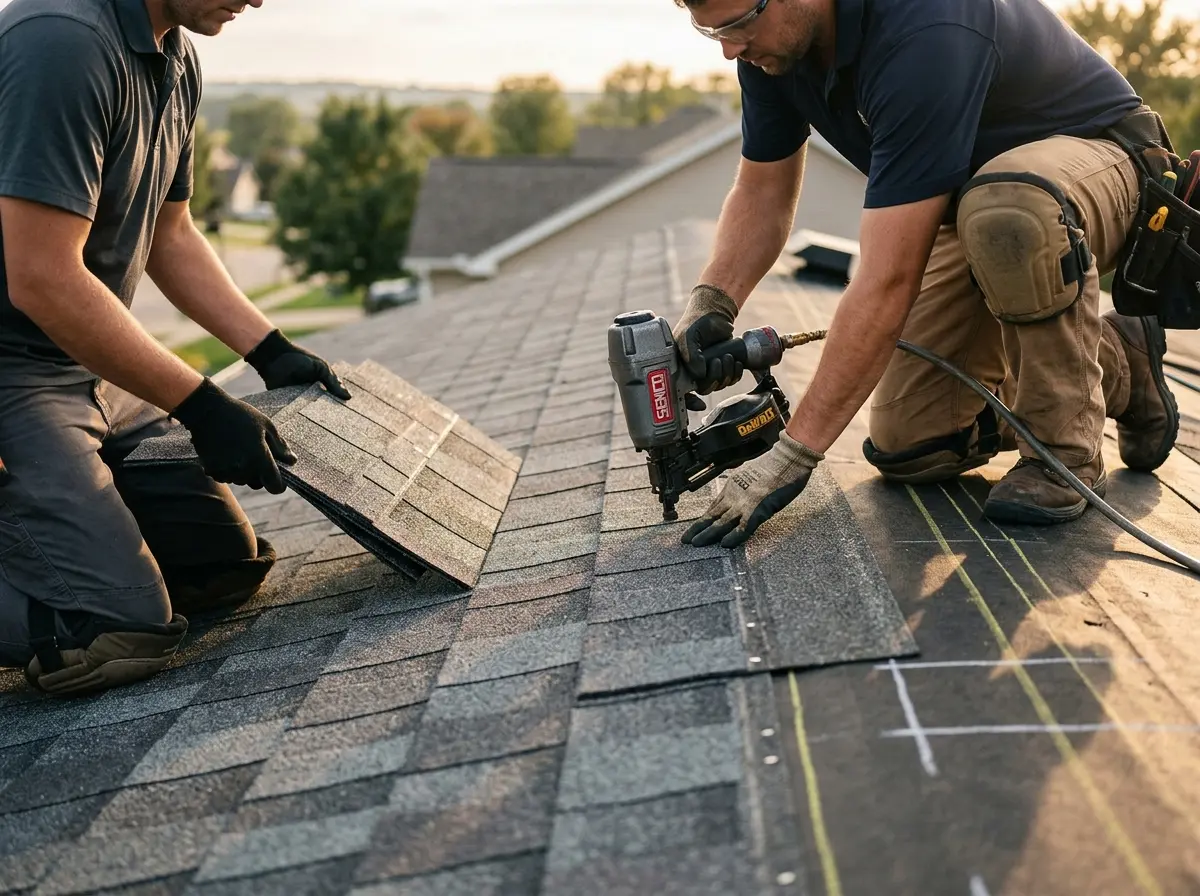 Professional roofer working on a residential roof in Fairland